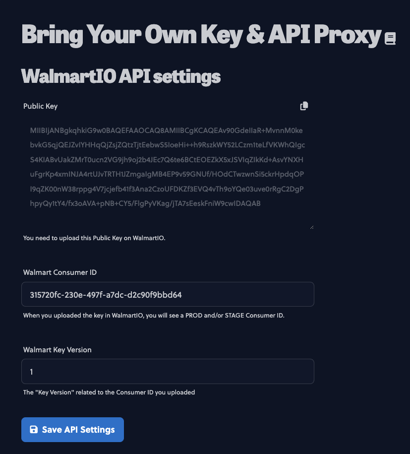 Upload your public key in the WalmartIO dashboard