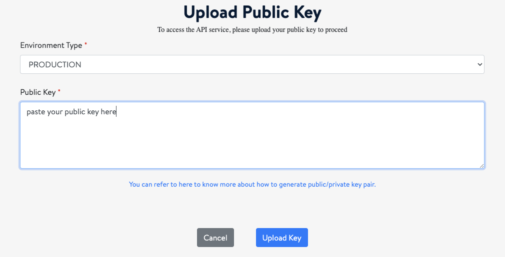 Upload your public key in the WalmartIO dashboard
