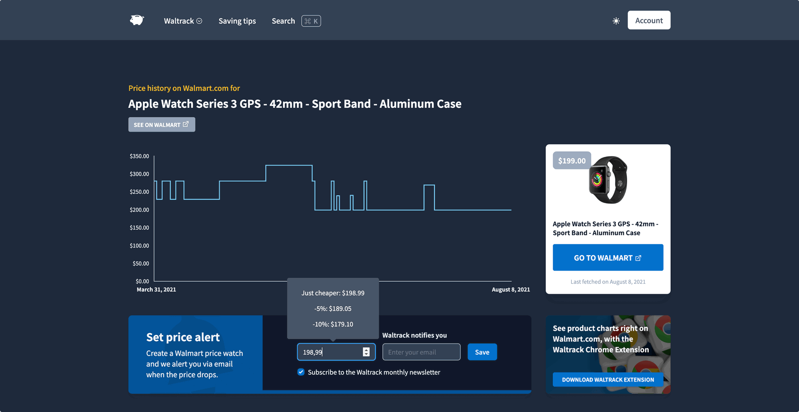Screenshot of Waltrack.net on large screens in dark mode